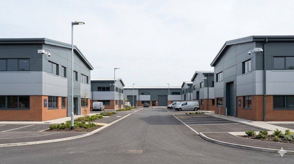 Industrial business park with multiple units and security cameras